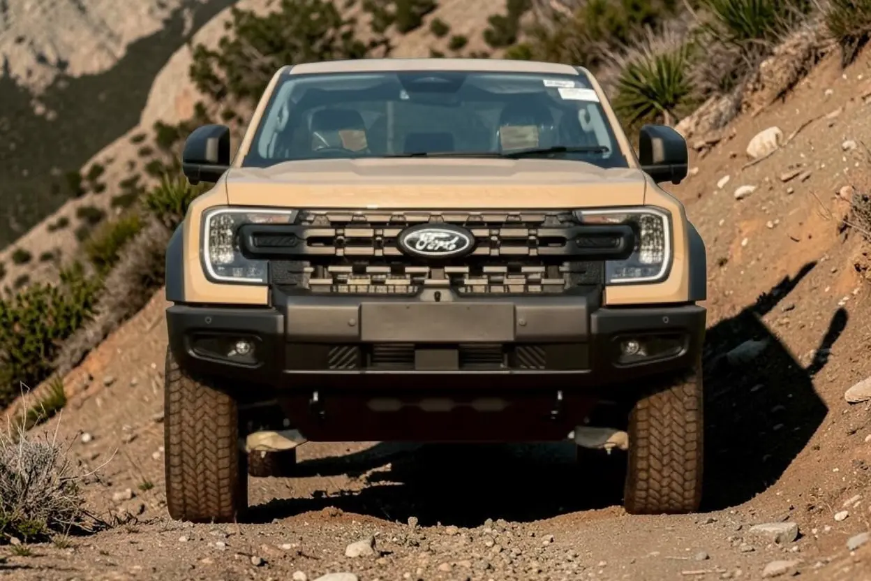 Ford Ranger Super Duty สี Seismic Tan มุมด้านหน้า บนเส้นทางออฟโรด