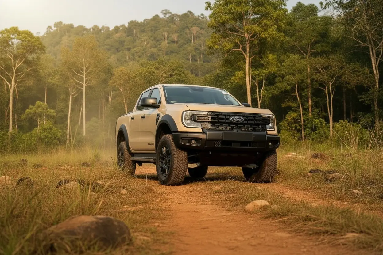 Ford Ranger Super Duty สีทะเลทราย ด้านหน้า ฝั่งคนขับ ลุยป่า
