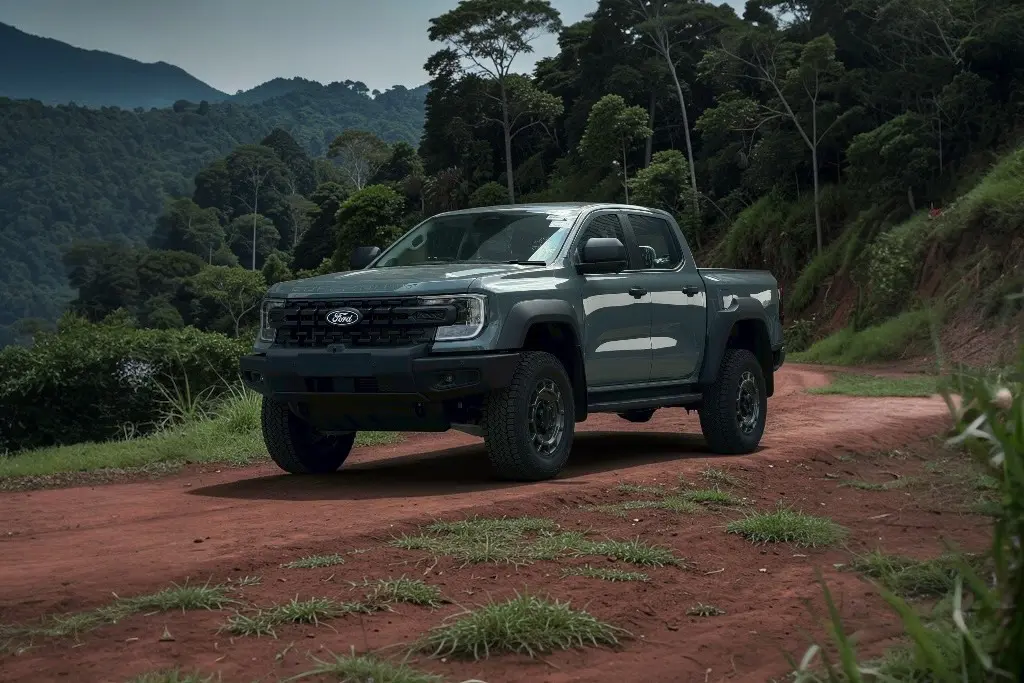 Ford Ranger Super Duty สีเขียว ด้านหน้า ลุยป่า