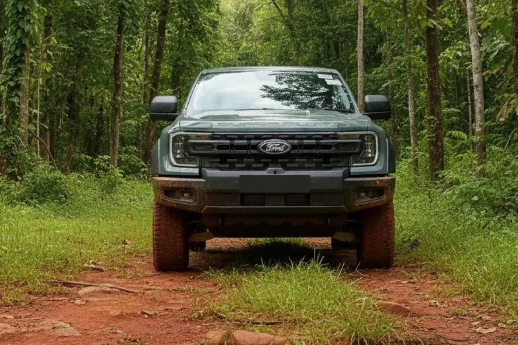Ford Ranger Super Duty สีเขียว ด้านหน้าตรง ลุยป่า