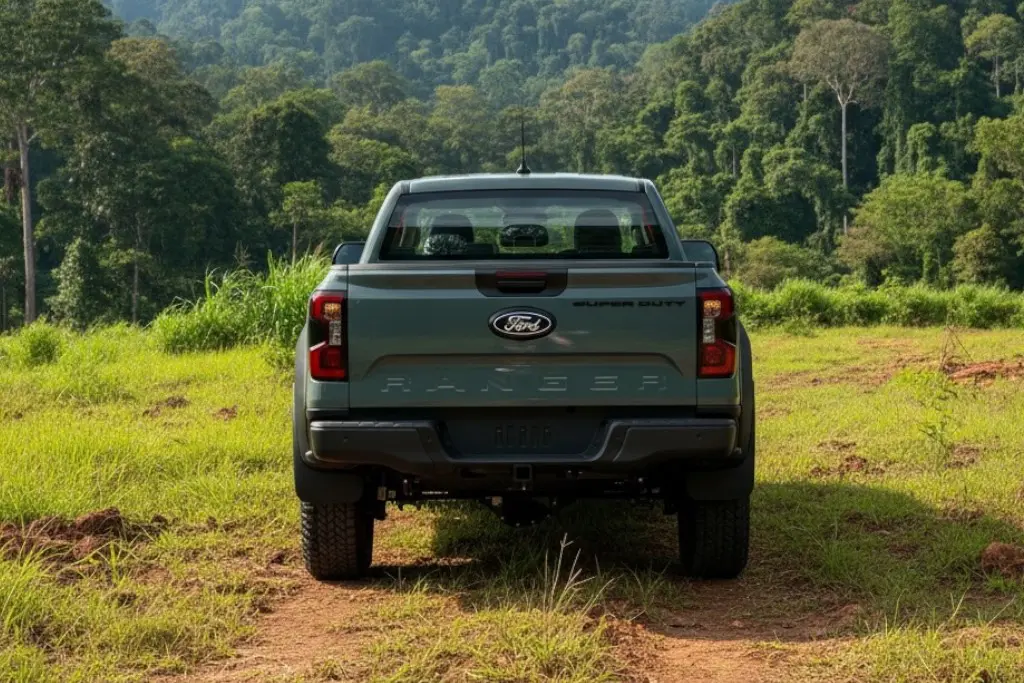 Ford Ranger Super Duty สีเขียว ด้านหลัง ลุยป่า