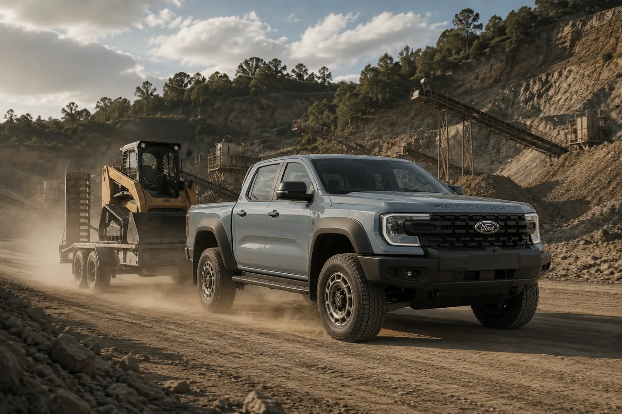Ford Ranger Super Duty 2026 ลากจูงเทรลเลอร์บรรทุกรถแม็คโคร แสดงแรงบิดเครื่องยนต์ V6 3.0 ลิตร