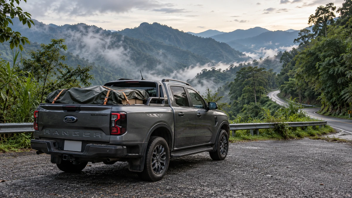 รถเที่ยวภูเขา Ford Ranger ขนของไปบริจาคบนถนนขึ้นเขา