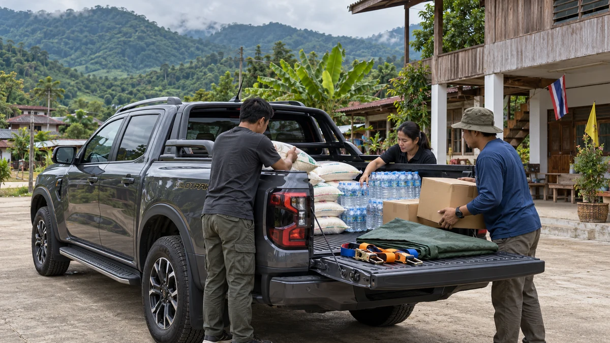 รถกระบะขนของบริจาค Ford Ranger บรรทุกน้ำดื่มและข้าวสาร