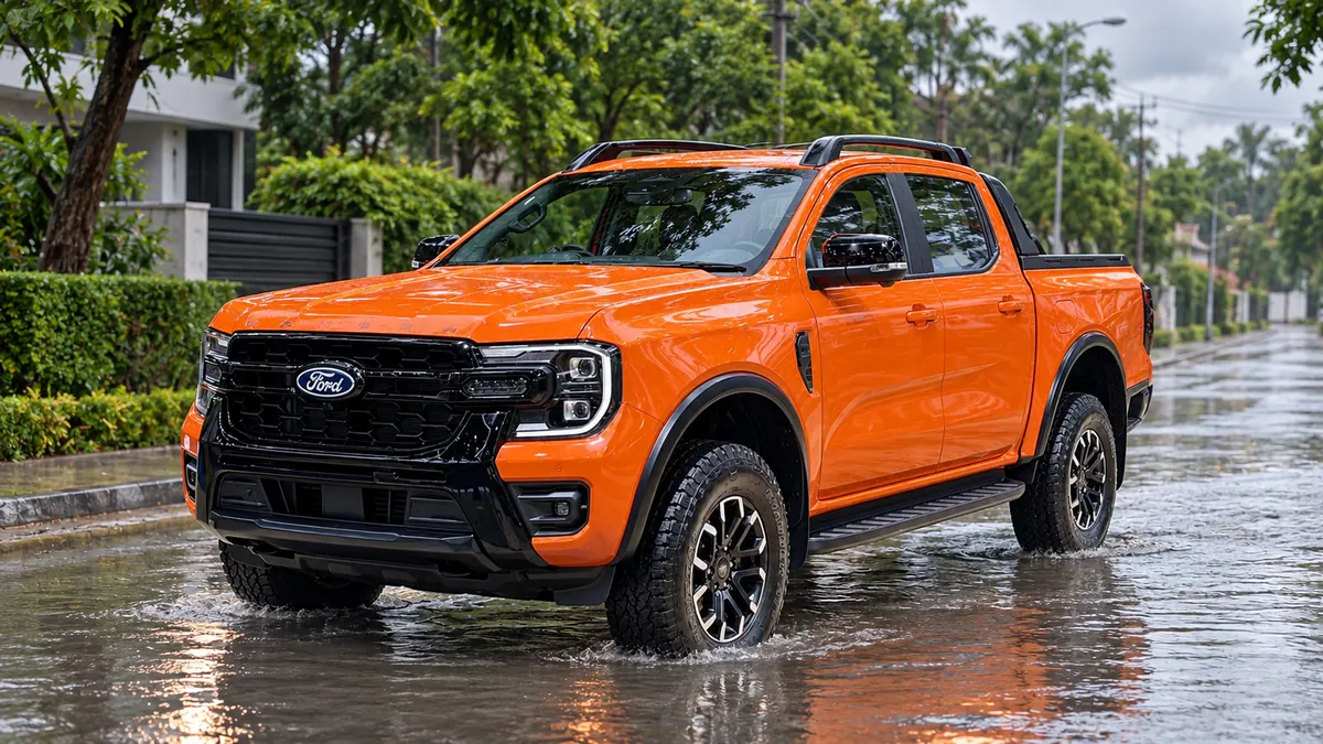 Ford Ranger ขับผ่านน้ำขังระดับตื้นบนถนน