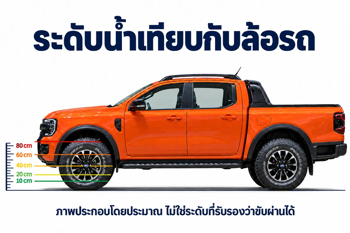 ระดับน้ำท่วมเทียบกับล้อรถ รถลุยน้ำได้กี่เซน